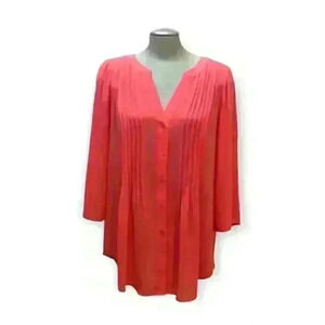 BCBG  MaxAzria Blouse Coral Semi Sheer Roll Up Sleeves Micropleated Medium EUC